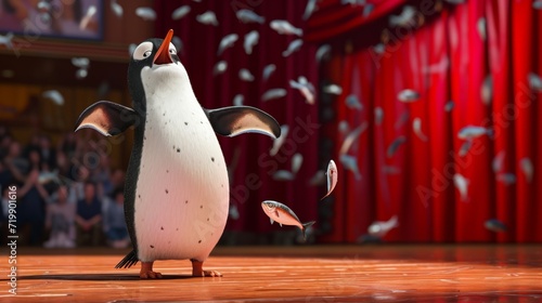 Cartoon scene A clumsy penguin attempts to juggle fish on stage but ends up slipping and accidentally throwing a fish into the audience. The audience erupts in laughter