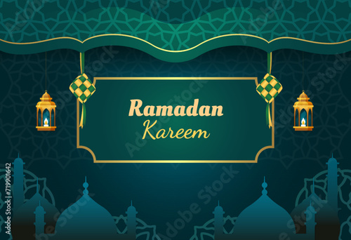 icon ramadan day. illustration Ramadan banner decorated with glowing lamps background green.