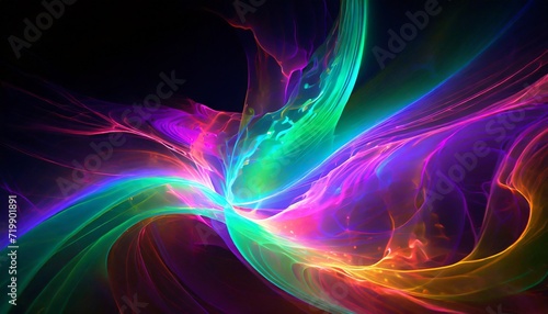 A colorful, abstract shape that resembles a wave, with soft movement and flow. Black background. Generative AI. 