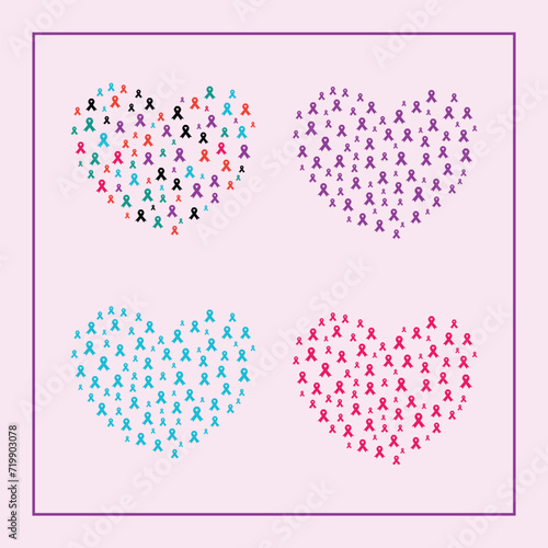 set of hearts of ribbon vector  cancer awareness hearts
