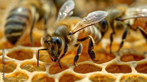Close up of bee on honey nest in apiary - selective focus, copy space high detailed © Cheetose