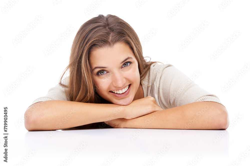 Beauty, happy or portrait of woman in studio with a casual smile or wellness isolated on white background. Model, relax or female person with glow or face with confidence, desk or table on break Beauty, happy or portrait of woman in studio with a casual smile or wellness isolated on white background. Model, relax or female person with glow or face with confidence, desk or table on break