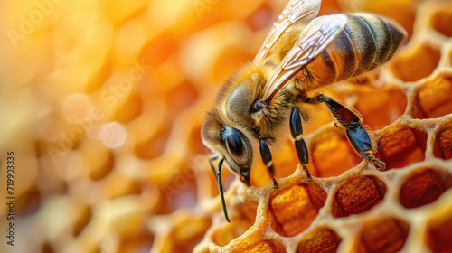 Close up of bee on honey nest in apiary - selective focus, copy space high detailed © Cheetose
