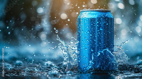 A product pictorial mockup featuring a blue soda can and water cascading, space, Generative AI. photo