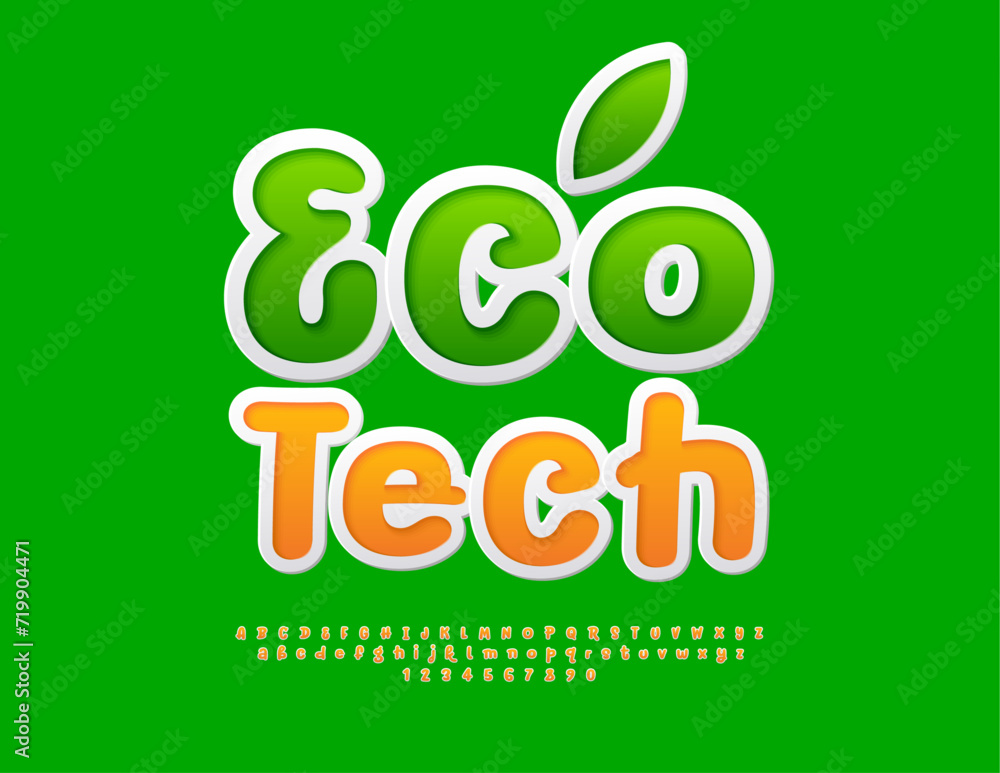 Vector green template Eco Tech with Green Sticker Font. Bright Fresh Alphabet Letters and Numbers set. Vector green template Eco Tech with Green Sticker Font. Bright Fresh Alphabet Letters and Numbers set.