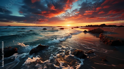 A breathtaking sunset over the cobalt blue ocean, casting a warm orange glow on the water's surface © Adobe