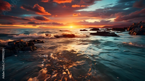 A breathtaking sunset over the cobalt blue ocean, casting a warm orange glow on the water's surface © Adobe