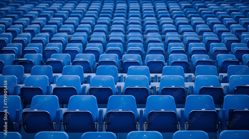 row of blue stadium chairs, empty seats row of blue stadium chairs, empty seats