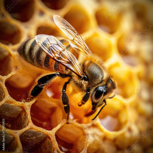 A hexagonal honeycomb, filled with golden honey, hangs from a branch in a buzzing beehive, as bees busily come and go, collecting nectar from colorful flowers, Metallic light © Cheetose