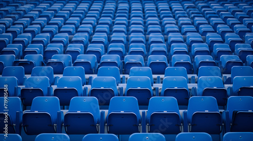 row of blue stadium chairs, empty seats