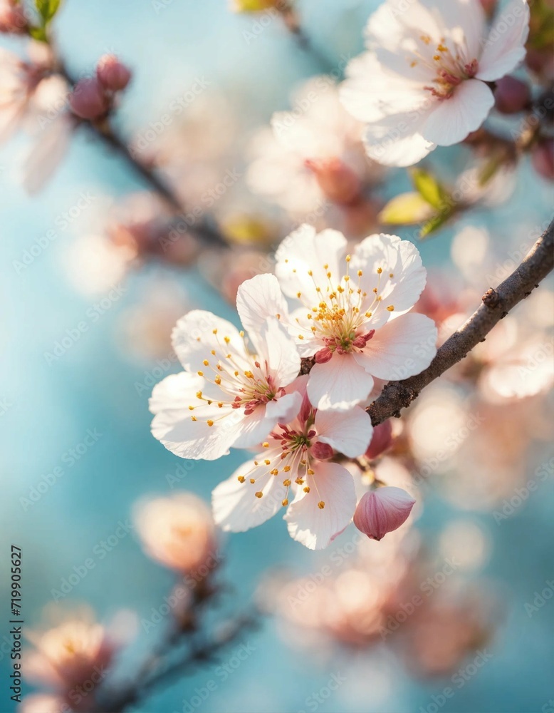 Close-up of three delicate pink flowers of apricot tree on a sunny day against the blue sky Close-up of three delicate pink flowers of apricot tree on a sunny day against the blue sky