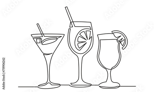 Single continuous line drawing of cocktail.line art exotic cocktail drinks vector doodle.Hand-drawn vector illustration.