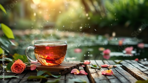 A translucent cup of scented tea on a wooden surface with a calm lake backdrop, petals, Generative AI. photo