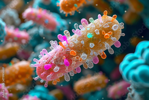 Many colorful bacteria or viruses in close-up.