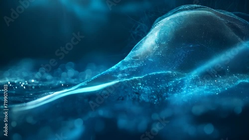 The glow of bioluminescence illuminating the night sea, with blue-white light reflected on the water surface creating a mystical atmosphere.
