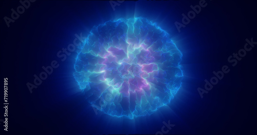 Blue energy glowing sphere futuristic atom from electric magic particles and energy waves background