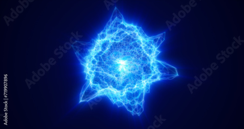 Abstract glowing looped light hi-tech energy blue sphere atom clot of energy from lines of waves and particles futuristic  abstract background