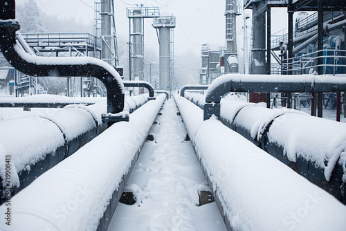 Urban gas pipelines amidst a snowy cityscape, Energy industrial technology and nature