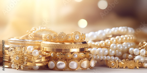 Glistening Elegance: A Captivating Ensemble of Exquisite Gold Jewelry Piled on a Light Background