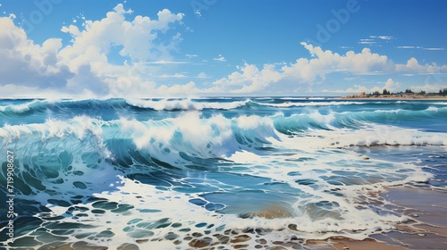 A breathtaking view of a cobalt blue ocean stretching to the horizon, with gentle waves lapping against the shore