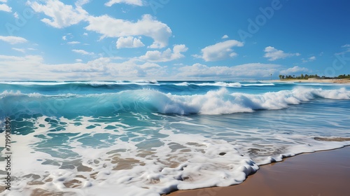 A breathtaking view of a cobalt blue ocean stretching to the horizon, with gentle waves lapping against the shore