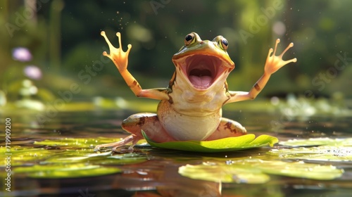 In a display of impressive athleticism a frog does a backflip while croaking a high note and lands perfectly on his lily pad. The audience gives him a standing ovation as photo