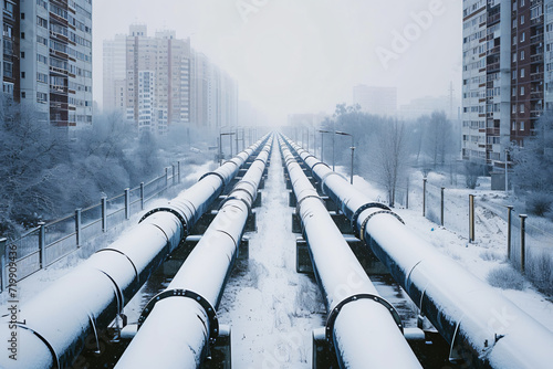 Urban gas pipelines amidst a snowy cityscape, Energy industrial technology and nature