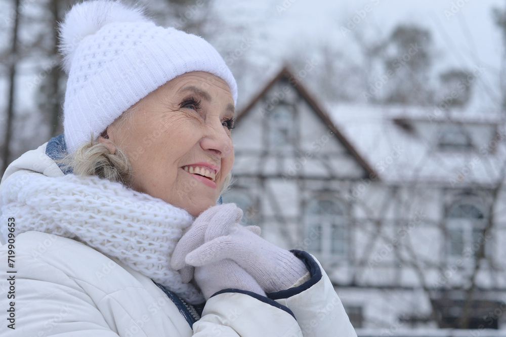 Happy old woman in a fur coat in the winter. Happy old woman in a fur coat in the winter.