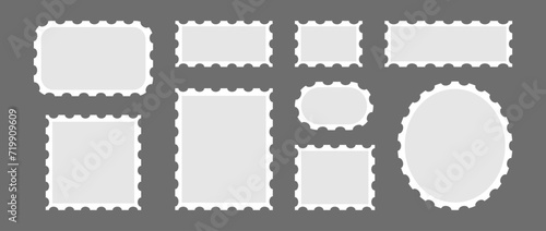 Postage stamp set. Post stamp frame or border. Grey round, square, rectangular template for mail, postcard, letter. Jagged wavy edge forms. Vintage objects for poster, banner, badge, sticker. Vector photo