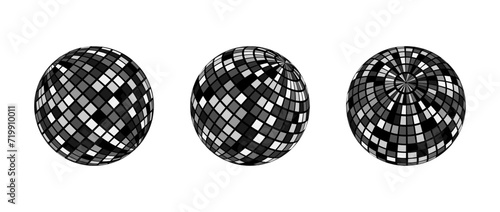 Black and grey disco ball set. Collection of shining spheres in different angles. Turning music globe or planet bundle. Mirror ball element pack for poster, banner, music cover, party. Vector