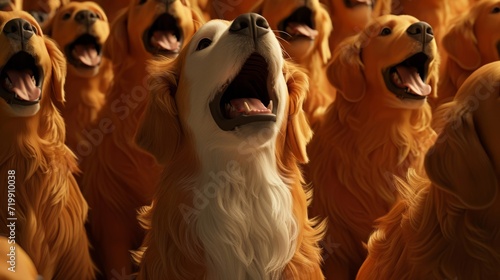A golden retriever soloist belting out an emotional ballad as her fellow dog choir members provide backup vocals with their barks and howls. photo