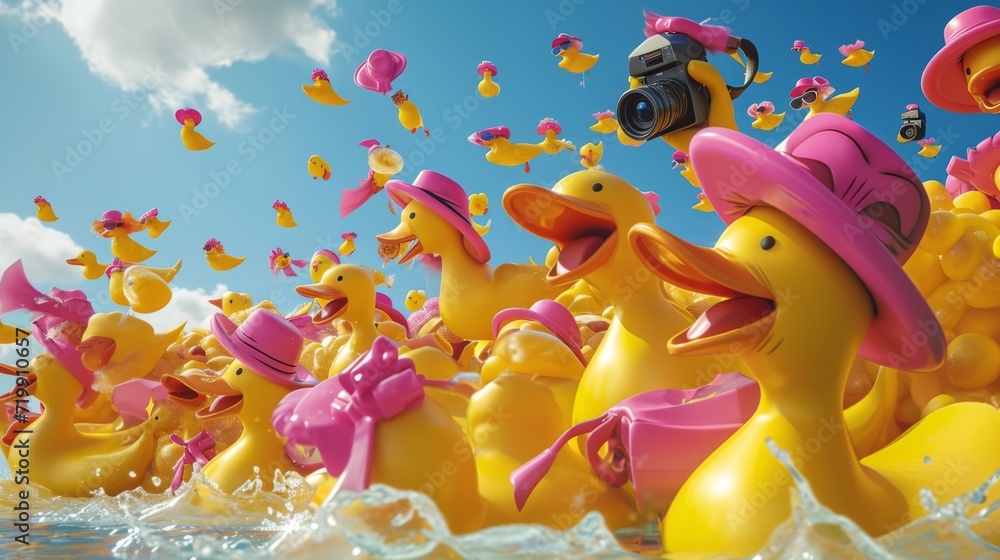 Obraz premium Cartoon scene A group of alien tourists equipped with cameras and packs are caught off guard as a flock of giant rubber ducks swoops in to abduct them leaving their