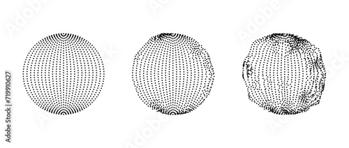 Set of dotted spheres with dissolve effect. Stippled disintegrating circle collection. Halftone texture balls with noise dotwork grain. Radial grunge particles. Dot sphere element bundle. Vector