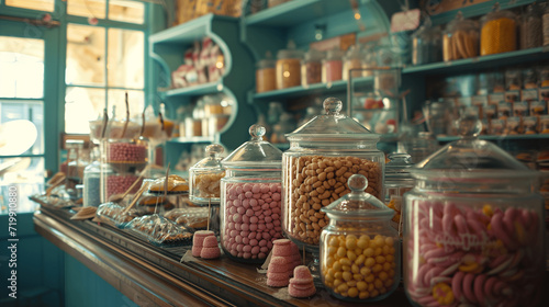 Vintage Candy Shop Interior with Glass Jars on Shelves