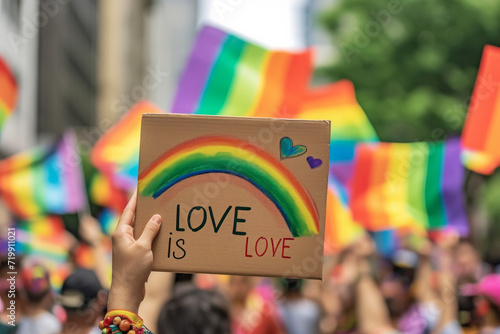 Rainbow 'Love is Love' Sign at LGBTQ Parade. Colourful 'Love is Love' message on cardboard at a vibrant LGBTQ pride parade. © AI Visual Vault