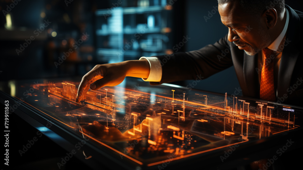 Focused executive interacting with a 3D smart city model on an interactive digital display, demonstrating urban planning and technology.
Focused executive interacting with a 3D smart city model on an interactive digital display, demonstrating urban planning and technology.