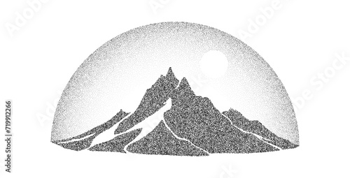 Grain stippled mountain range. Dotted landscape terrain silhouette. Black white grainy hill chain. Grunge noise nature background. Pointillism texture wallpaper. Vector dot work style illustration