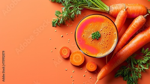 Carrots on a color scheme of orange with fresh carrot juice imposed in a glass, space, Generative AI. photo