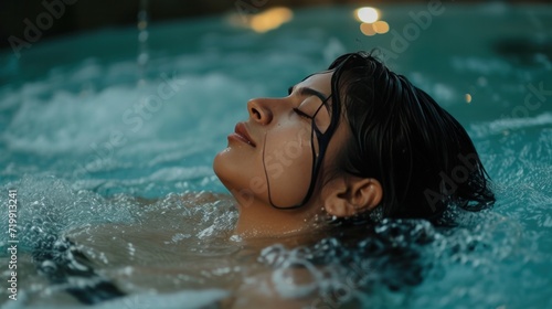 black haired woman in a hot tub 50mm lens 