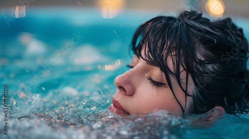 black haired woman in a hot tub 50mm lens   