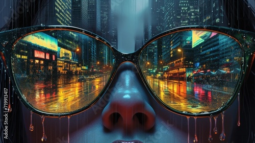 create a surreal,photorealistic image of mirrored sunglasses that reflect a city street at dusk,with buildings lining the sides and a wet road that reflects the city lights.