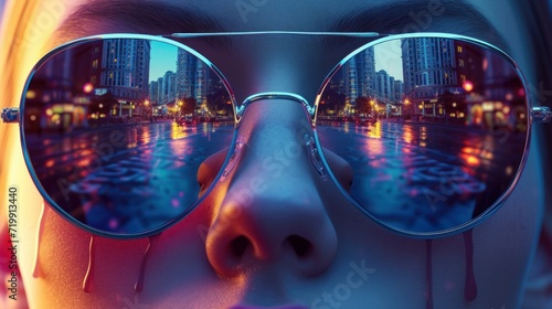 create a surreal,photorealistic image of mirrored sunglasses that reflect a city street at dusk,with buildings lining the sides and a wet road that reflects the city lights. © Emil