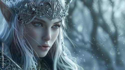 Digital fantasy art in 4k resolution of a beautiful elven female warrior in adorned silver armor, she looks serene and graceful, the armor is adorned in tree sigils and magical crests   photo