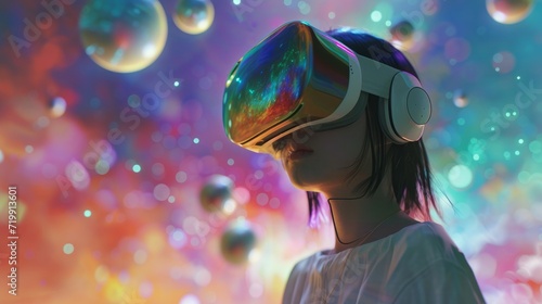girl wearing Oculus Rift in the Metaverse by Kazumasa Nagai  rendered in cinema4d  hologram solar system chyper-realistic oil  uhd  optical illusion  bulbous  