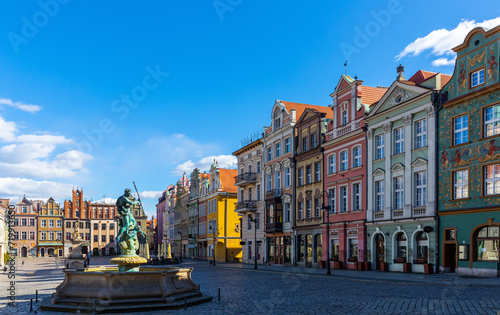 View of old market square in Poznan with buildings, town in Poland