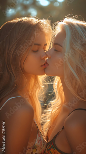 kissing of two young attractive lesbians. Same sex love concept