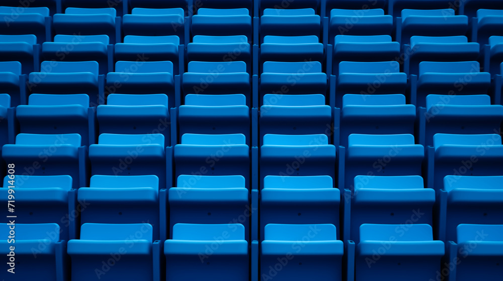 stadium seat rows blue seats, in the style of simplicity stadium seat rows blue seats, in the style of simplicity