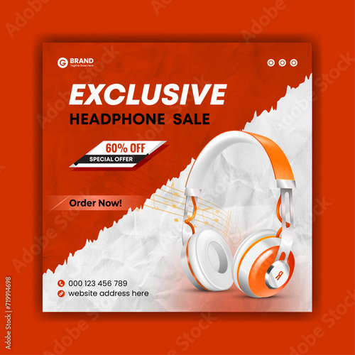 Headphone social media post advertisement and web banner design, Colorful musical instrument poster design template