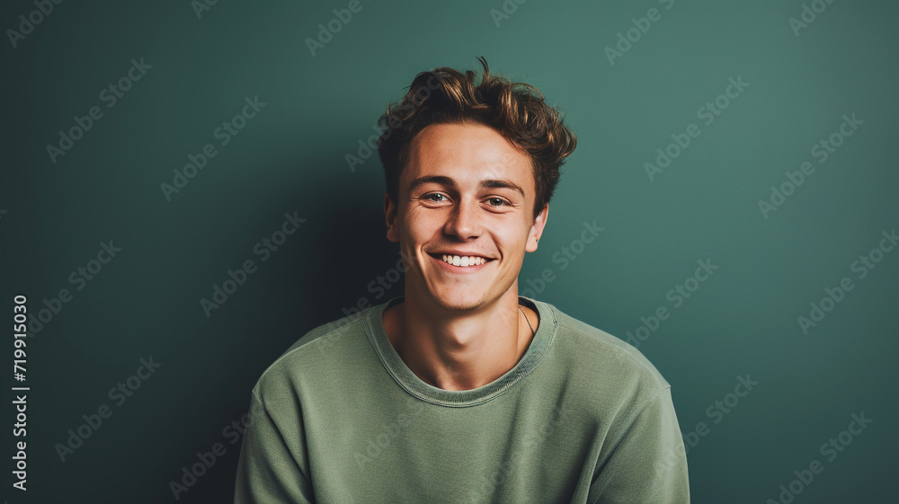 Happy smiling young adult man on a solid background