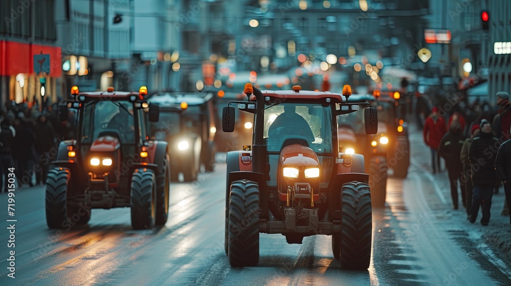 Farmers' strike on tractors in the city center. rally, demonstration and manifestation expression of discontent - obrazy, fototapety, plakaty 